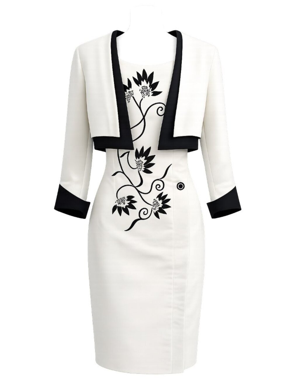 Tomasi Italy Womens White & Black Dress With Floral Embroidery & Cropped Jacket